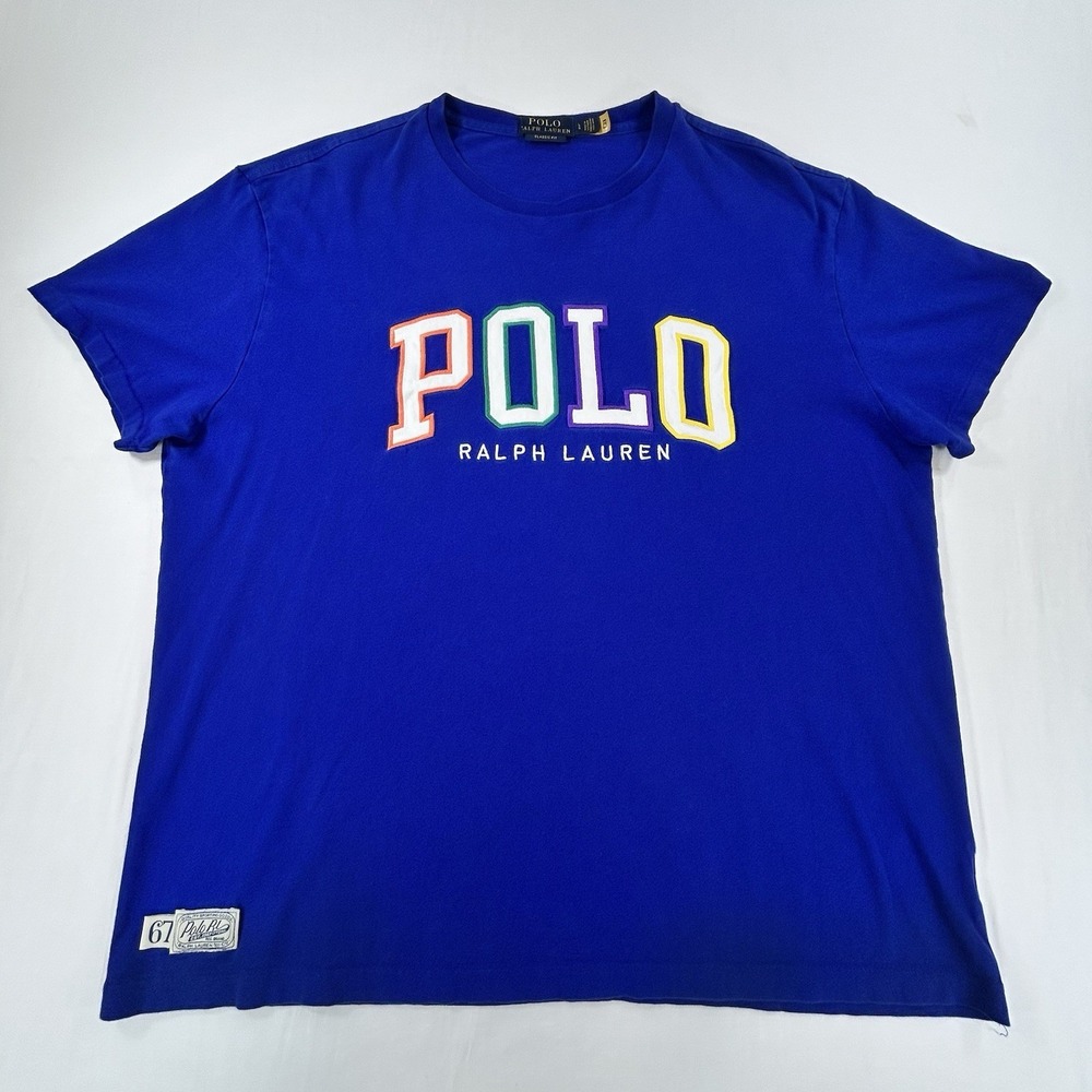 Polo Ralph Lauren Mens L Blue Multi Color Spellout Logo T-Shirt RARE Preppy